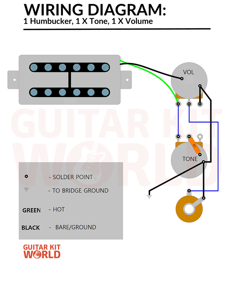 Single Humbucker Wiring Diagram: 1 Volume, 1 Tone for DIY guitar kits, showing one humbucker, plus the output jack