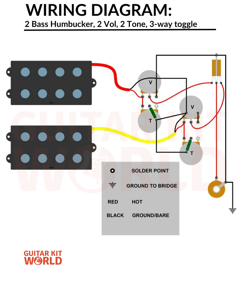 2x Bass Humbucker Wiring Diagram: 2 Volume, 2 Tone, 3-Way Toggle for DIY guitar kits, showing two bass humbuckers, plus the output jack