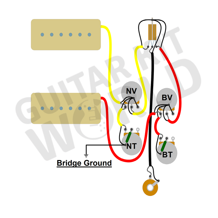 2x P90 Wiring Diagram: 2 Volume, 2 Tone, 3-Way Switch for DIY guitar kits, showing two P90 pickups, plus the output jack