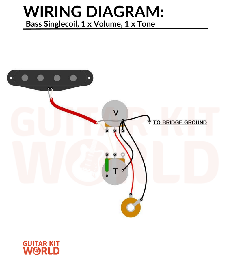 Bass Single-Coil Wiring Diagram: 1 Volume, 1 Tone for DIY guitar kits, showing one bass single-coil pickup, plus the output jack