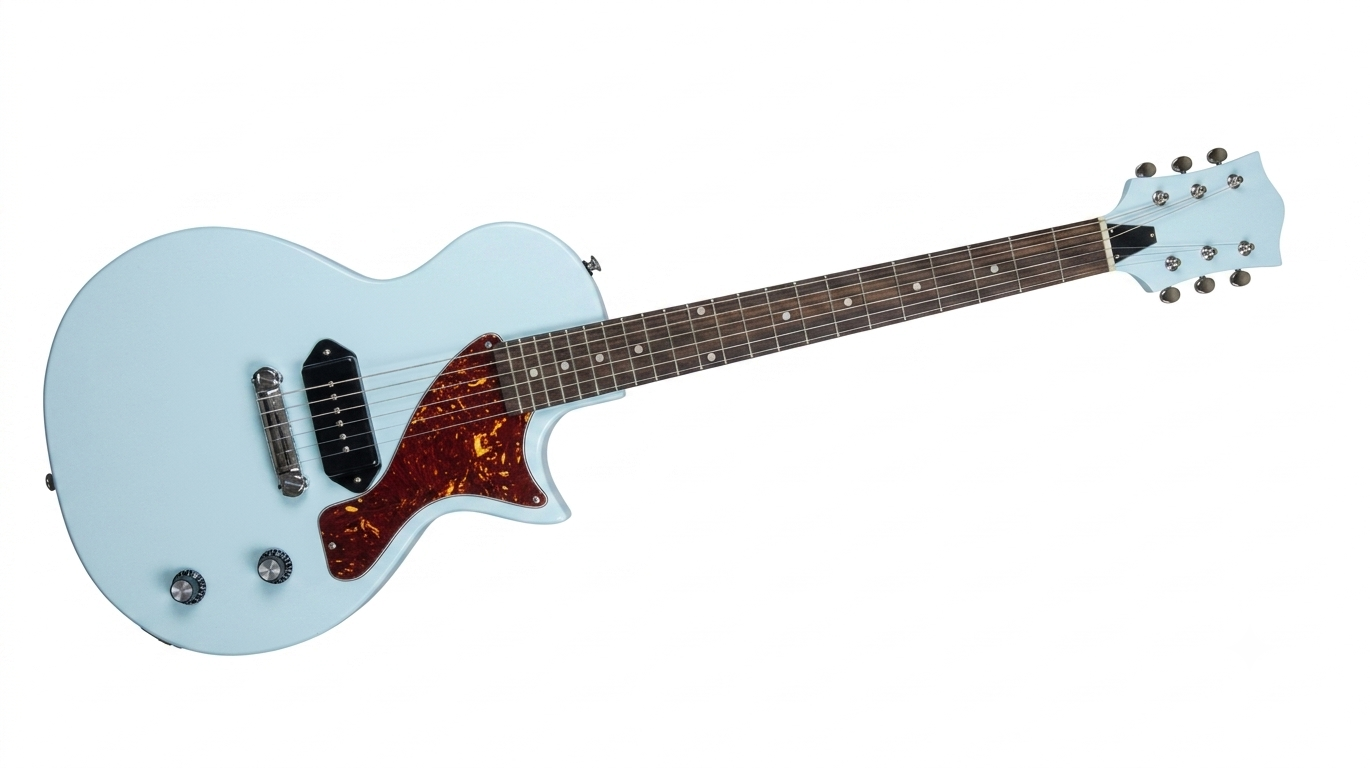 Jamie Mangrum's finished light blue Junior single cut guitar, built from a Guitar Kit World mahogany kit