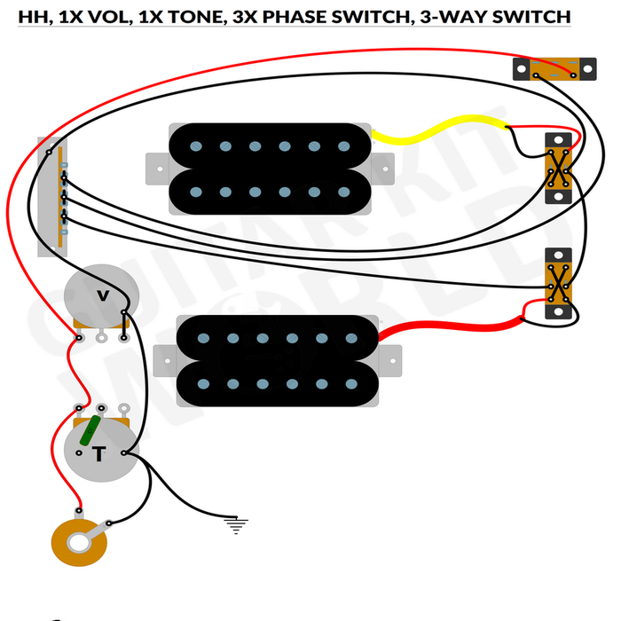 HH Wiring Diagram: 1 Volume, 1 Tone, Phase Switches, 5-Way Switch for DIY guitar kits, showing two humbuckers at bridge and neck, plus the output jack