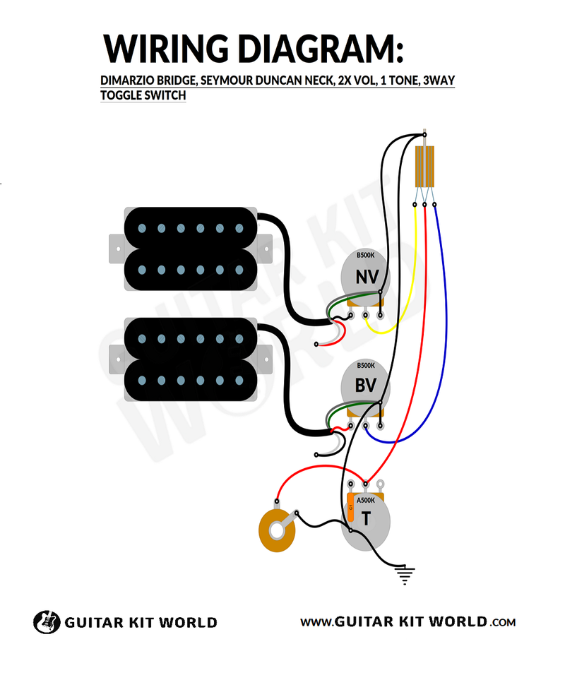 HH Wiring Diagram: 2 Volume, 1 Tone, 3-Way Toggle for DIY guitar kits, showing two humbuckers at bridge and neck, plus the output jack