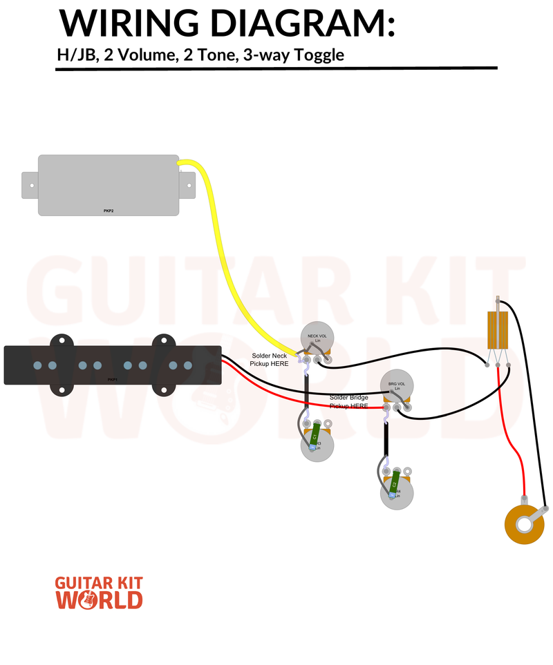 Bass Humbucker + Single-Coil Wiring Diagram: 2 Volume, 2 Tone, 3-Way Toggle for DIY guitar kits, showing a bass humbucker and a single-coil bass pickup, plus the output jack
