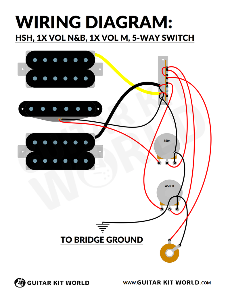 HSH Wiring Diagram: 1 Volume Neck and Bridge, 1 Volume Middle, 5-Way Switch, No Tone for DIY guitar kits, showing two humbuckers and a single coil, plus the output jack