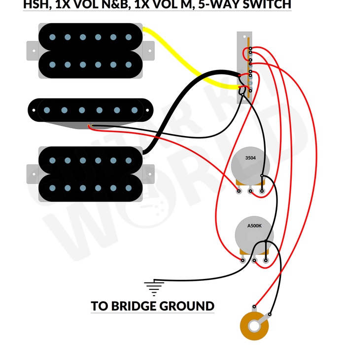 HSH Wiring Diagram: 1 Volume Neck and Bridge, 1 Volume Middle, 5-Way Switch, No Tone for DIY guitar kits, showing two humbuckers and a single coil, plus the output jack