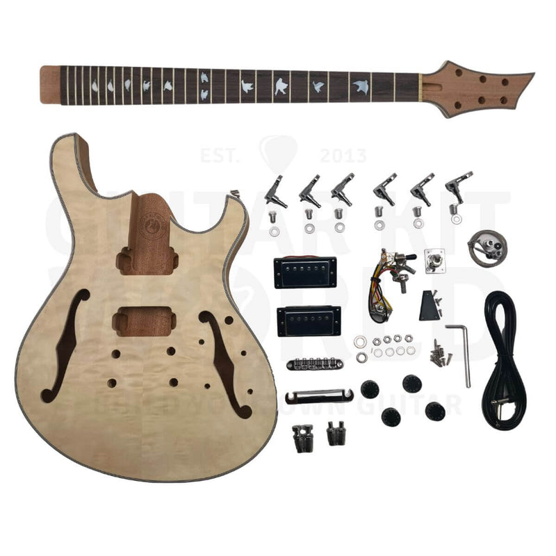 Semi-hollow offset body guitar kit with quilted maple veneer — Guitar Kit World DIY guitar kit showcasing unique body shape