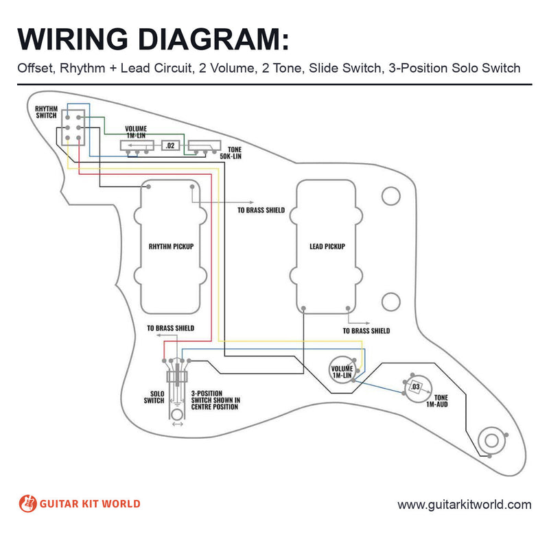 Offset Wiring Diagram: Rhythm and Lead Circuit, 2 Volume, 2 Tone, Slide Switch for DIY guitar kits, showing two offset pickups on a rhythm and lead circuit, plus the output jack