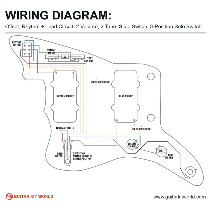 Offset Wiring Diagram: Rhythm and Lead Circuit, 2 Volume, 2 Tone, Slide Switch for DIY guitar kits, showing two offset pickups on a rhythm and lead circuit, plus the output jack