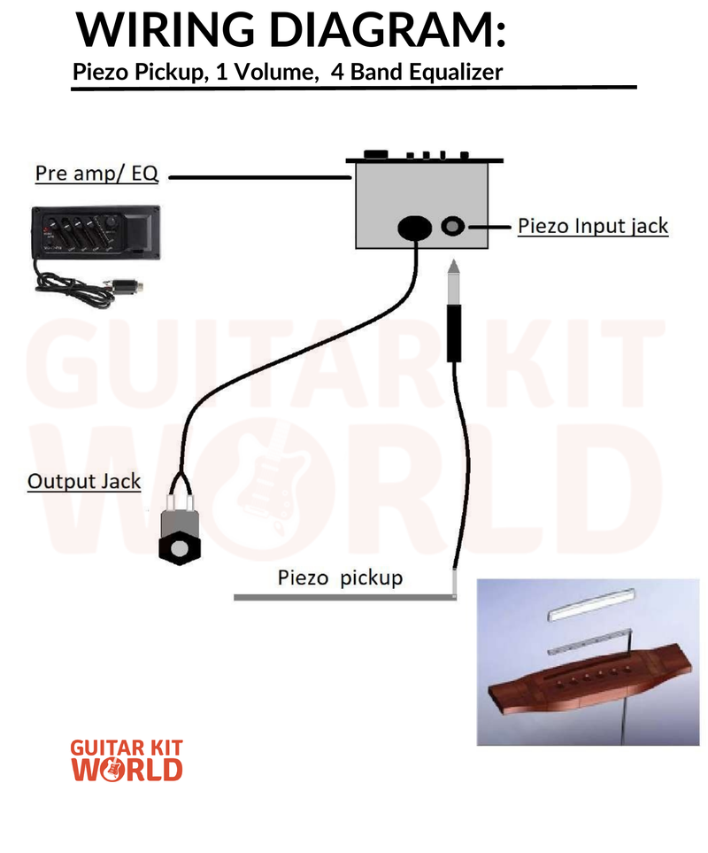 Piezo Pickup Wiring Diagram: 1 Volume, 4-Band Equalizer for DIY guitar kits, showing a piezo pickup, plus the output jack