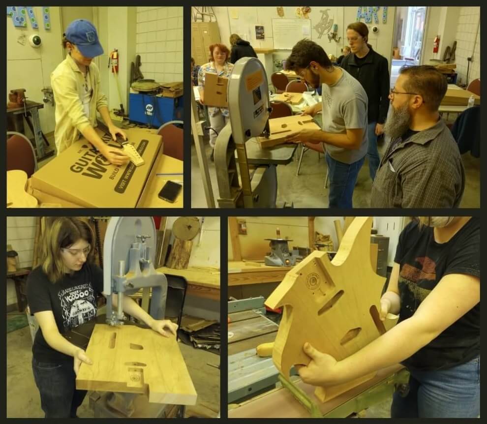 Southern Arkansas University students with finished DIY guitar kits from Guitar Kit World 17-week instrument building course