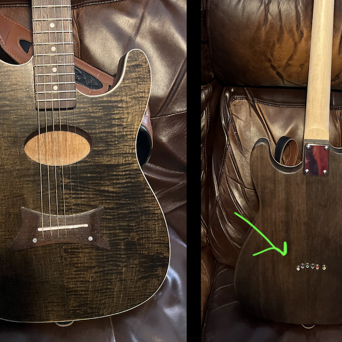 An acoustic-electric kit finished with a body-through bridge, front and back, with the string ferrules visible on the back