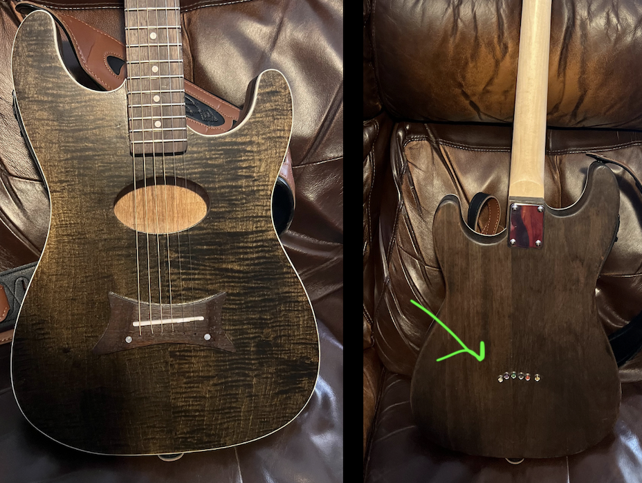 An acoustic-electric kit finished with a body-through bridge, front and back, with the string ferrules visible on the back