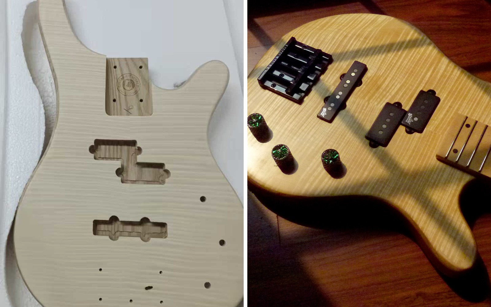 Unfinished flamed maple bass body beside the same bass finished in natural oil with black hardware