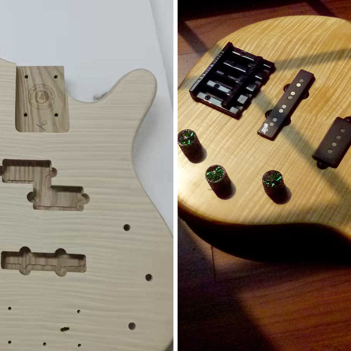Unfinished flamed maple bass body beside the same bass finished in natural oil with black hardware