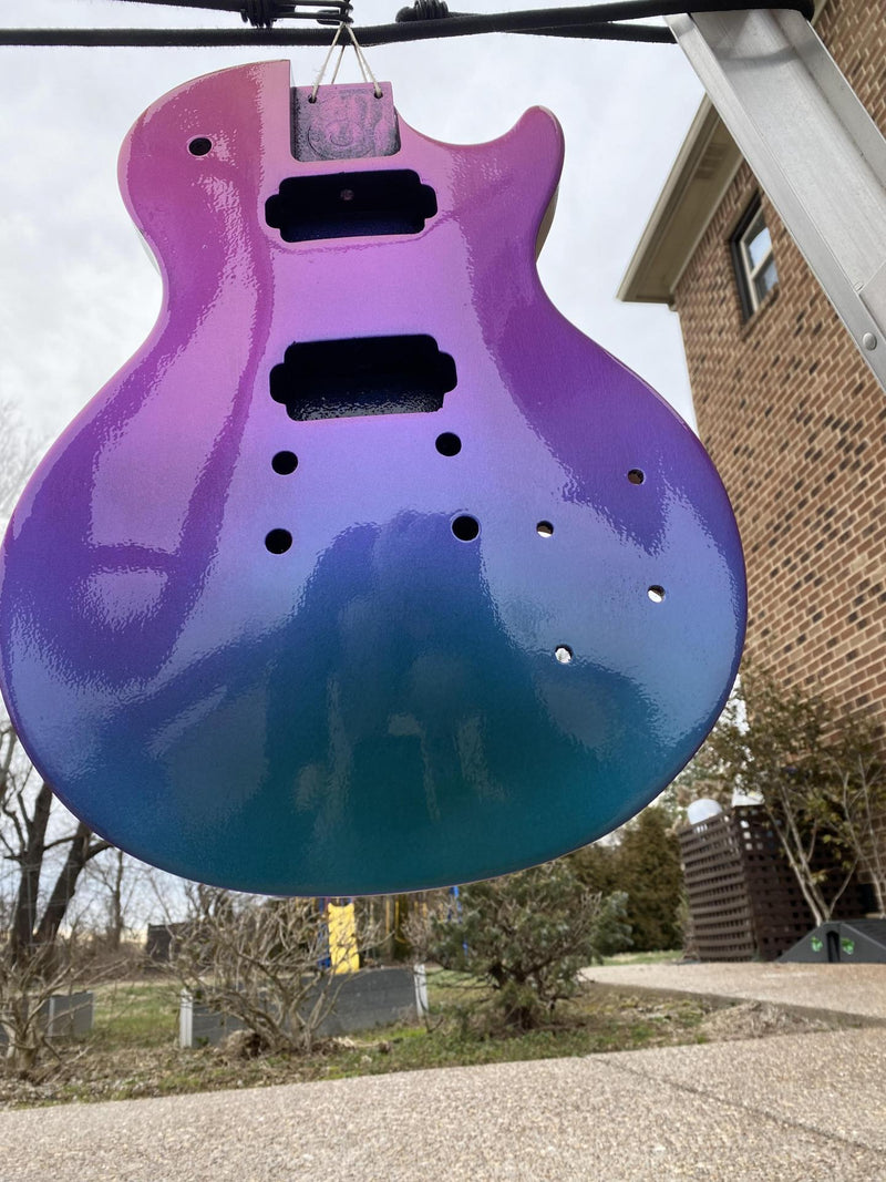 Color-shifting guitar body finish in progress — a custom DIY guitar kit finish from Guitar Kit World builder
