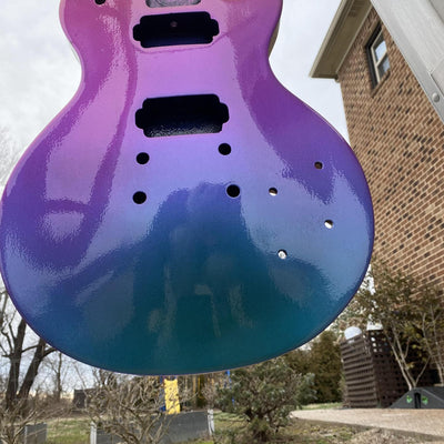 Color-shifting guitar body finish in progress — a custom DIY guitar kit finish from Guitar Kit World builder