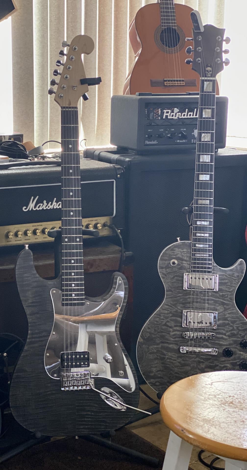 Customer-built ST-style flame maple guitar kit with dark transparent finish — a completed DIY guitar kit build from Guitar Kit World