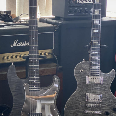 Customer-built ST-style flame maple guitar kit with dark transparent finish — a completed DIY guitar kit build from Guitar Kit World