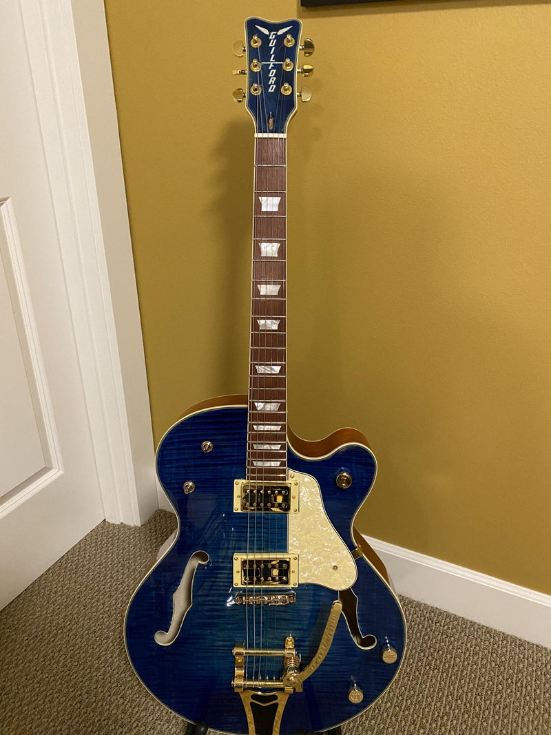 Customer-built hollow body guitar kit with blue burst finish — a completed DIY guitar kit build from Guitar Kit World