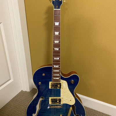 Customer-built hollow body guitar kit with blue burst finish — a completed DIY guitar kit build from Guitar Kit World