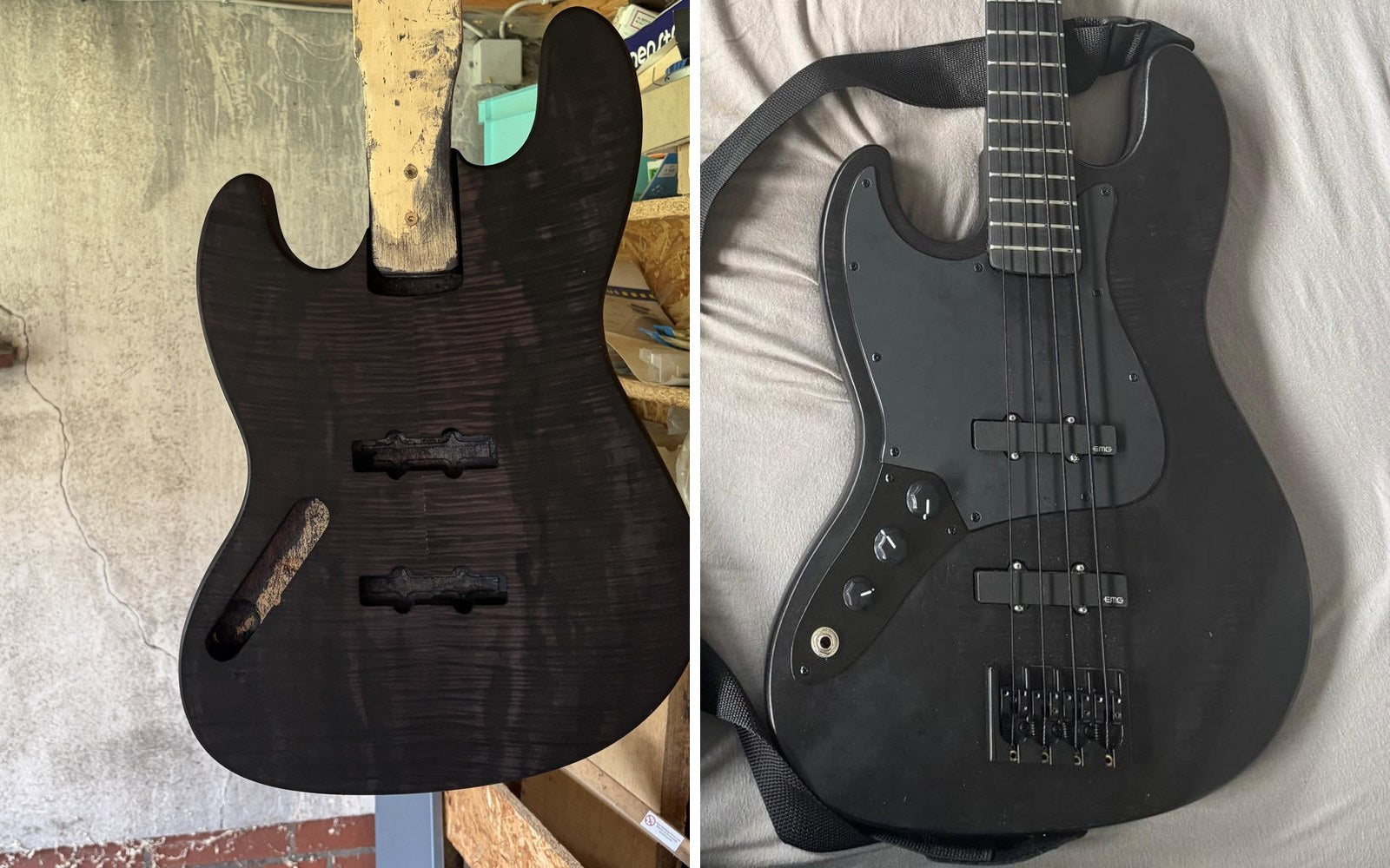 Before and after: a black stained bass body drying in a workshop, beside the same bass finished in satin black