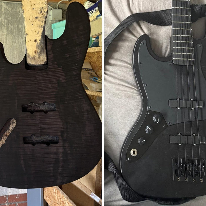 Before and after: a black stained bass body drying in a workshop, beside the same bass finished in satin black