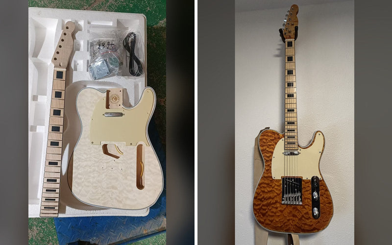 Unfinished quilted maple T-style guitar kit in its box beside the same guitar finished in amber with Tru-Oil