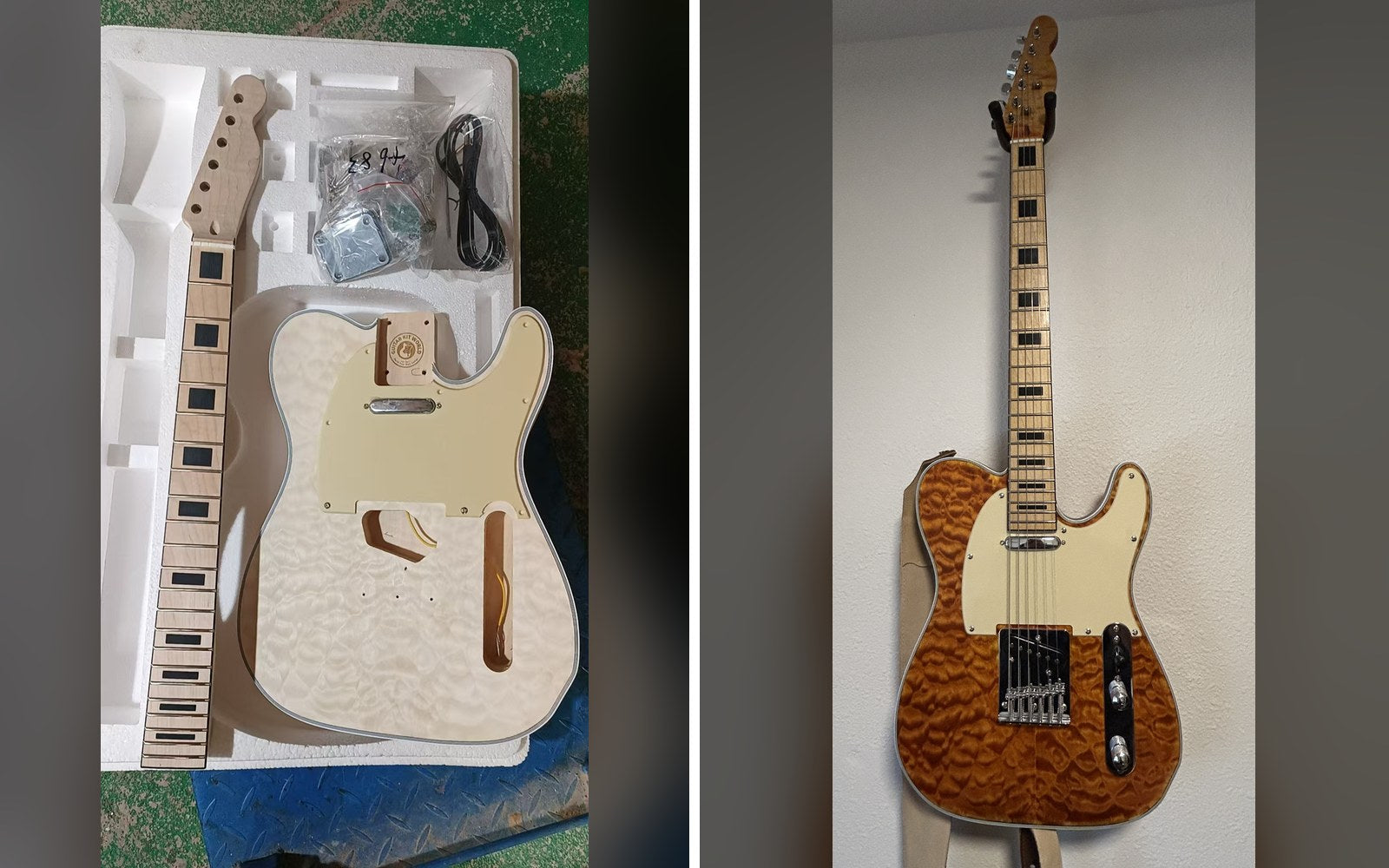 Unfinished quilted maple T-style guitar kit in its box beside the same guitar finished in amber with Tru-Oil