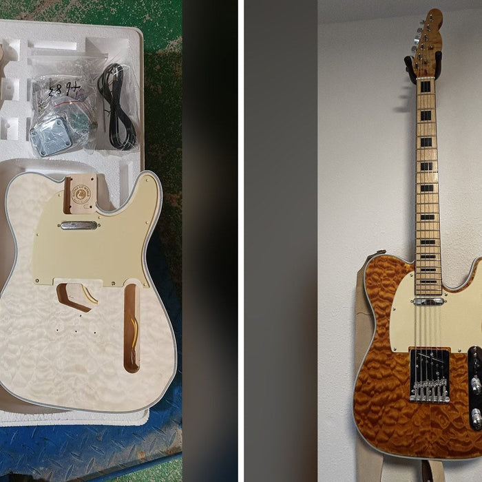 Unfinished quilted maple T-style guitar kit in its box beside the same guitar finished in amber with Tru-Oil