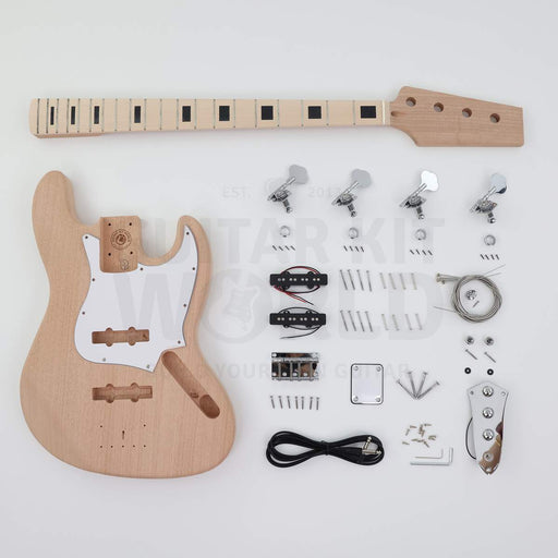 Offset bass guitar kit, complete: mahogany body, maple fretboard neck with black block inlays, chrome hardware