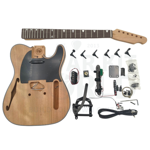 Semi-hollow T-style guitar kit contents: mahogany body, neck, pickguard, hardware and vibrato tailpiece - Guitar Kit World