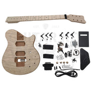 Complete NI-RMFB-5264 guitar kit laid out: quilted maple top body, bolt-on maple neck, hardware - Guitar Kit World