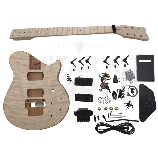 Complete NI-RMFB-5264 guitar kit laid out: quilted maple top body, bolt-on maple neck, hardware - Guitar Kit World