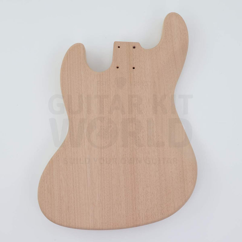 Back of the unfinished mahogany offset bass body