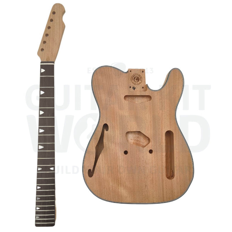 Mahogany neck with rosewood fretboard beside the semi-hollow T-style kit body - Guitar Kit World