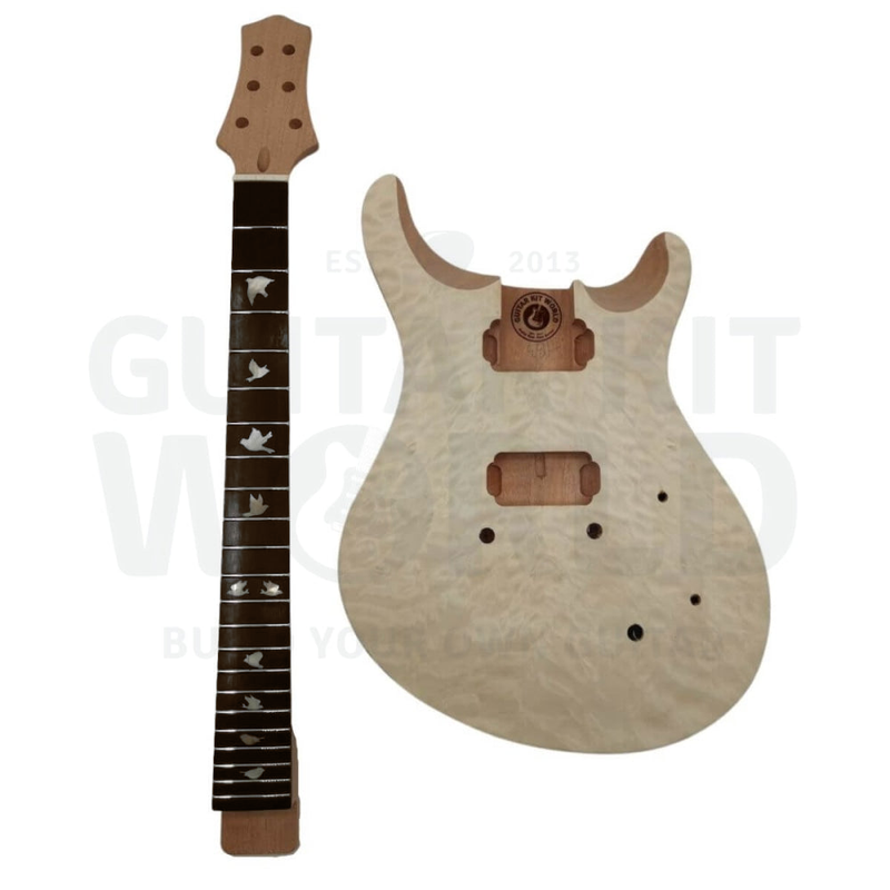 PR guitar kit mahogany neck with rosewood fretboard beside the quilted maple veneer body - Guitar Kit World