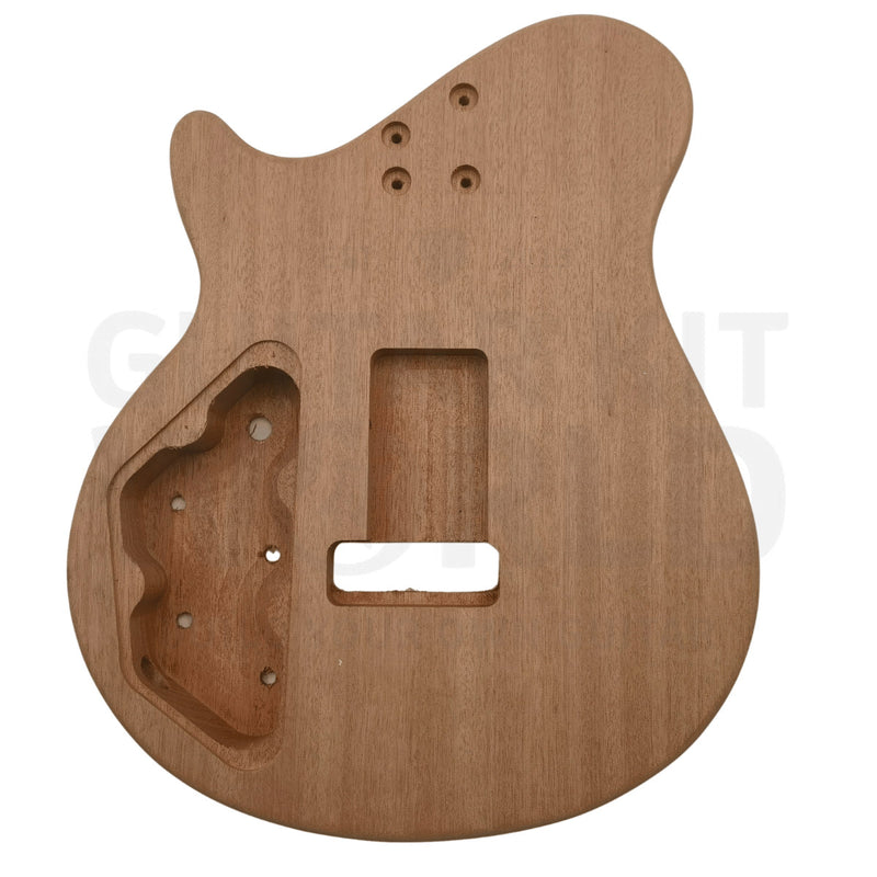 Mahogany back of the NI-RMFB-5264 body showing the four counterbored bolt-on neck screw holes - Guitar Kit World