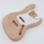 Mahogany offset bass body at an angle with white pickguard