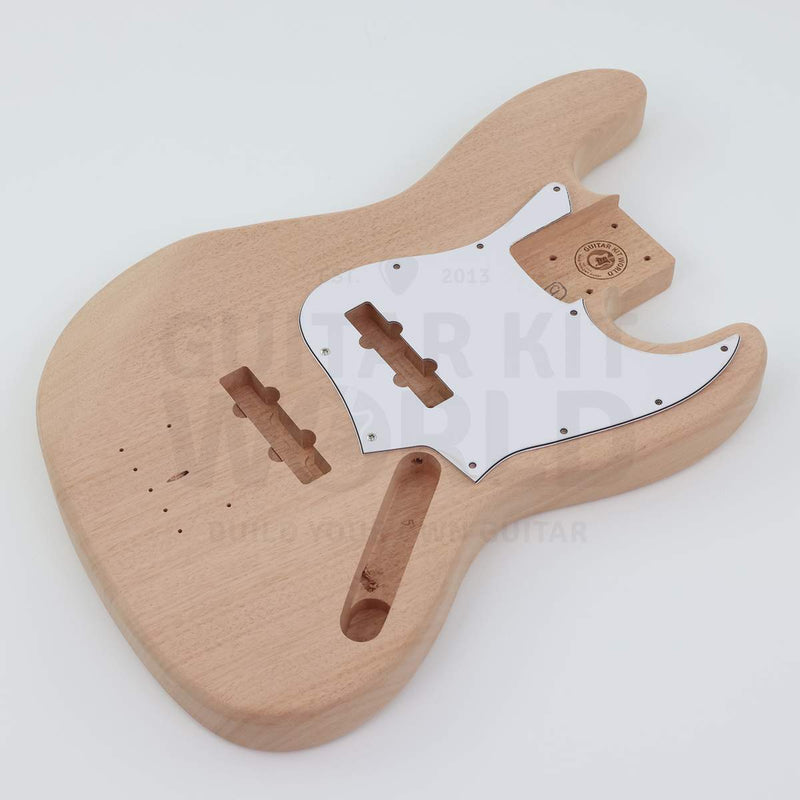 Mahogany offset bass body at an angle with white pickguard