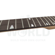 Close-up of the rosewood fretboard with pearl white fang inlays - Guitar Kit World