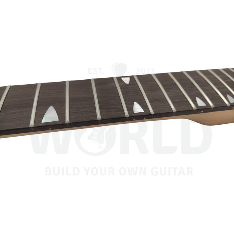 Close-up of the rosewood fretboard with pearl white fang inlays - Guitar Kit World