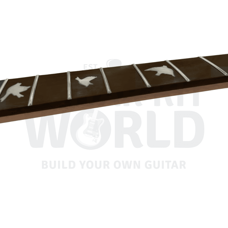 Close-up of the rosewood fretboard with pearl white dove bird inlays - Guitar Kit World