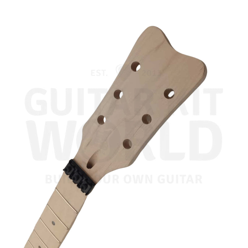 Duck headstock close-up on the NI-RMFB-5264 maple neck, six tuner holes drilled - Guitar Kit World