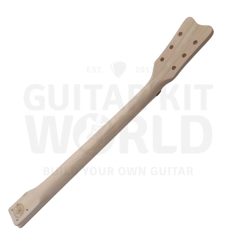 Full-length back of the NI-RMFB-5264 maple neck: duck headstock, heel end and brand stamp - Guitar Kit World