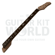 Angled PR guitar kit neck showing the rosewood fretboard and dove bird inlays - Guitar Kit World