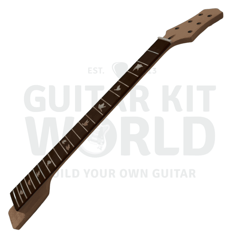 Angled PR guitar kit neck showing the rosewood fretboard and dove bird inlays - Guitar Kit World