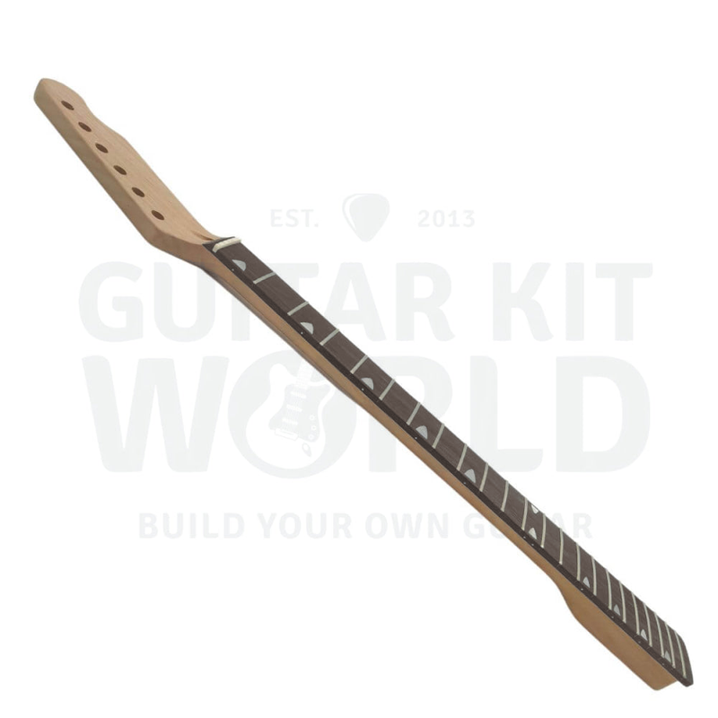 Angled T-style kit neck showing the rosewood fretboard and pearl white fang inlays - Guitar Kit World