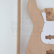 Bass neck edge beside the mahogany body and neck pocket