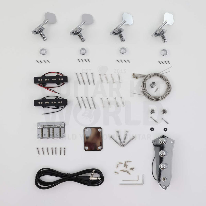 Bass kit hardware: open-gear tuners, two single-coil pickups, bridge, control plate, cable